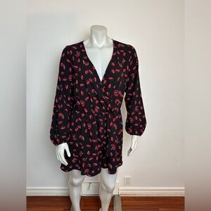 NWT - Ricki's - Long Sleeve Wrap-Front Shorts romper. Black with red. Medium.
